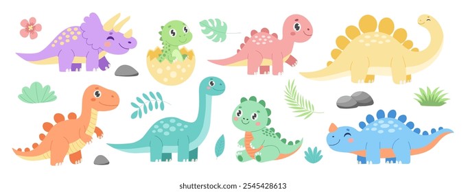 A group of cartoon dinosaurs with one of them sitting on a rock. The dinosaurs are of different sizes and colors