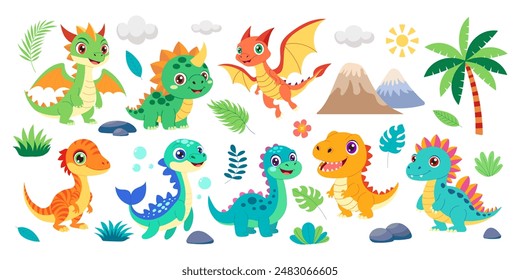 A group of cartoon dinosaurs are shown in a jungle setting. The dinosaurs are of various sizes and colors, including green, yellow, and orange. The scene is lively and playful