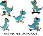 A group of cartoon dinosaurs wearing headphones and sunglasses, riding skateboards. Fun, colorful, and playful illustration.
