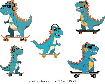 A group of cartoon dinosaurs wearing headphones and sunglasses, riding skateboards. Fun, colorful, and playful illustration.
