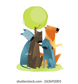 Group of Cartoon Dogs Sitting under Tree. Group of cartoon dogs under green tree on white background. Vector EPS10.