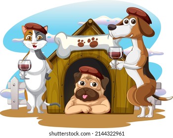 A group of cartoon domestic dog and cat illustration