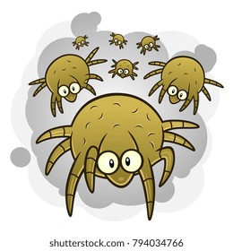 Group Of Cartoon Dust Mites On The Dusty Background. 