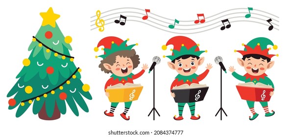 Group Of Cartoon Elfs Celebrating Christmas