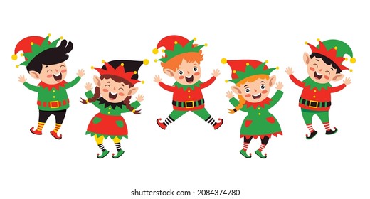 Group Of Cartoon Elfs Celebrating Christmas