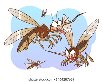 Group Of Cartoon Evil Mosquitoes. Vector Illustration.