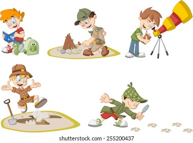 Group of cartoon explorer boys wearing different costumes