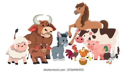 Group of cartoon farm animals. Vector illustration of funny happy animals.