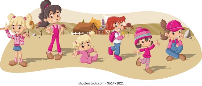 Group of cartoon farmer girls on a farm
