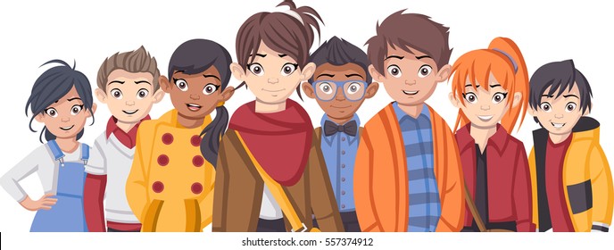 Group of cartoon fashion children. Teenager.
