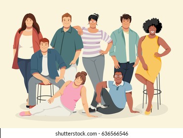 Group of cartoon fat young people. Plus size teenagers.
