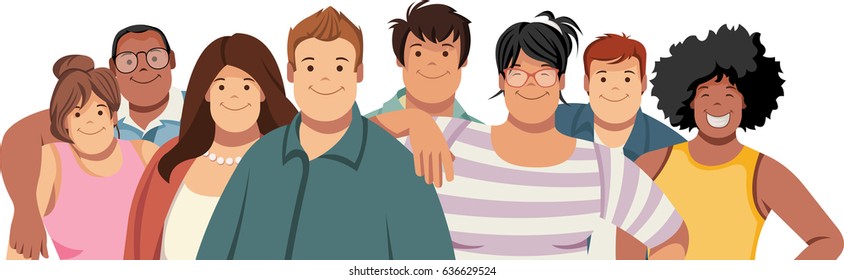 Group of cartoon fat young people. Plus size teenagers.
