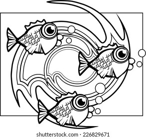 A group of cartoon fish swimming underwater.
