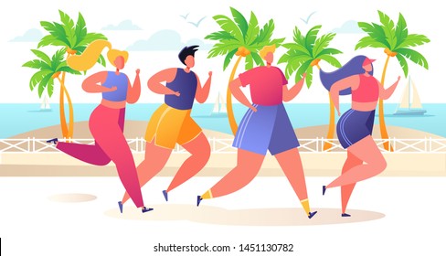 Group of cartoon, flat characters running marathon distance on the embankment with tropical palm trees and the sea on the background. Healthy lifestyle concept, summer outdoor. 