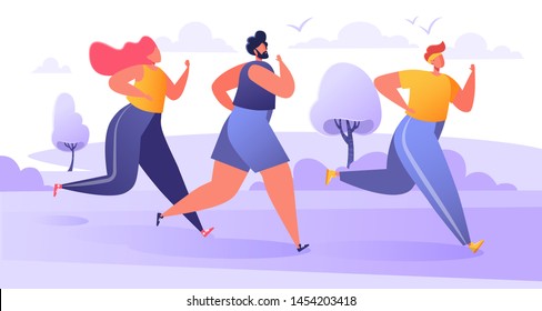 Group of cartoon, flat characters running marathon distance. Healthy lifestyle concept, summer outdoor. Sport competition. Athlete sprinter, sportsmen and sportswomen run marathon, sprint race. 