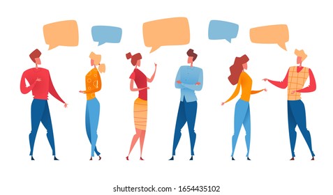 Group of cartoon flat people talking with colorful speech bubbles. Vector illustration.