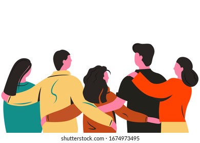 Group of cartoon friends standing and hugging together back view vector flat illustration. Colored people embrace enjoying friendship isolated on white background. Concept of united and support