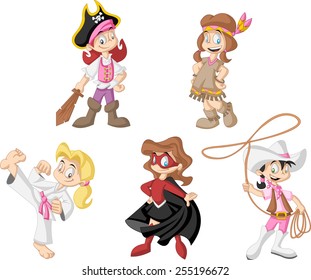 Group of cartoon girls wearing different costumes