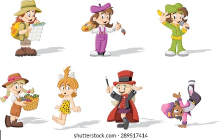 Group of cartoon girls wearing different costumes