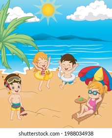 Group of cartoon happy kids at the beach