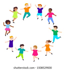 Group of cartoon happy multicultural children in circle, girl and boy playing. Cute diverse kids. Vector illustration
