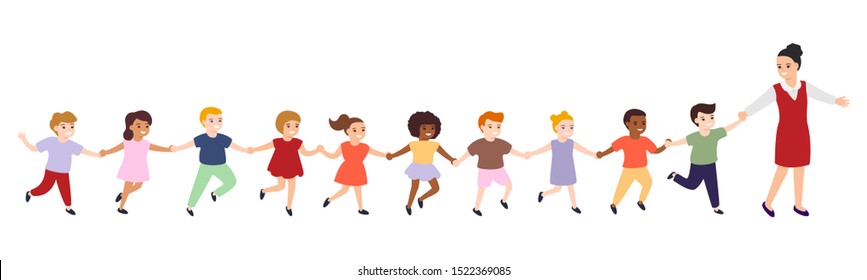 Group Of Cartoon Happy Multicultural Children And Teacher. Girls And Boys Follow Woman Leader, Hold Hands. Cute Diverse Kids. Vector Illustration