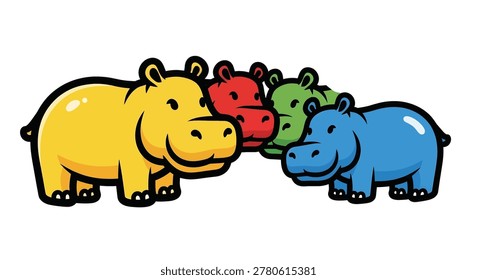 Group of cartoon hippos in different colors