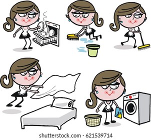 Group of cartoon housewives cleaning, using dishwasher, sweeping, making bed and washing.