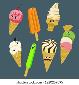 A group of cartoon ice cream and popsicle with various facial expression