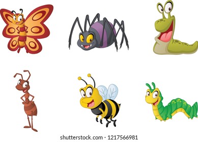 Group of cartoon insects. Vector illustration of funny happy small animals.