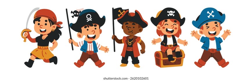 Group of cartoon kids dressed as pirates. Cheerful and colorful pirates for a party, children's event, adventure story, or playful design project.