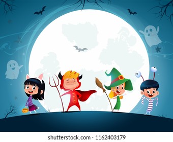 Group of cartoon kids in Halloween in the moonlight. Holiday night. Vector