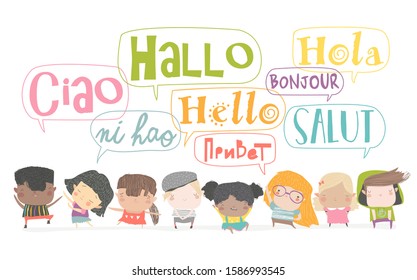 Group of cartoon kids talking in different languages