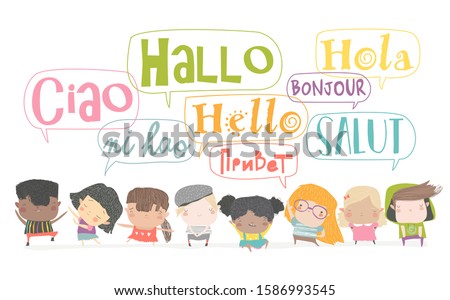 Group of cartoon kids talking in different languages