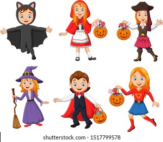 Group of cartoon kids wearing different costumes