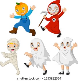 Group of cartoon kids wearing different costumes