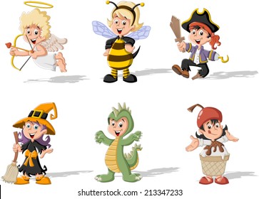 Group of cartoon kids wearing different costumes