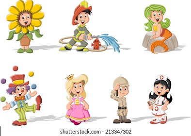 Group of cartoon kids wearing different costumes