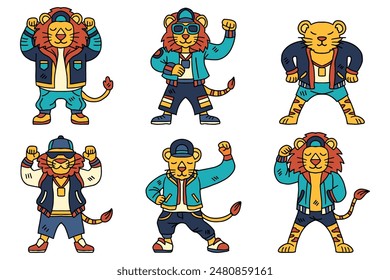 A group of cartoon lion are dressed in clothing and are posing for a picture. The animals are all different, with some wearing hats and others wearing jackets