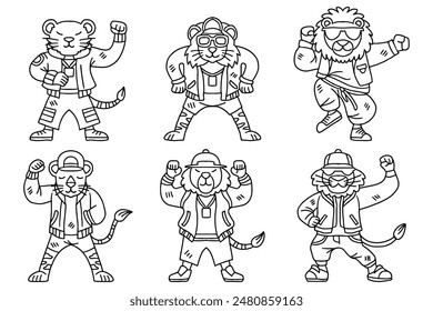 A group of cartoon lion are dressed in clothing and are posing for a picture. The animals are all different, with some wearing hats and others wearing jackets