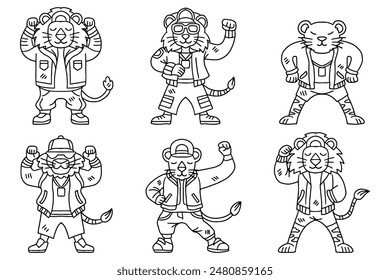 A group of cartoon lion are dressed in clothing and are posing for a picture. The animals are all different, with some wearing hats and others wearing jackets