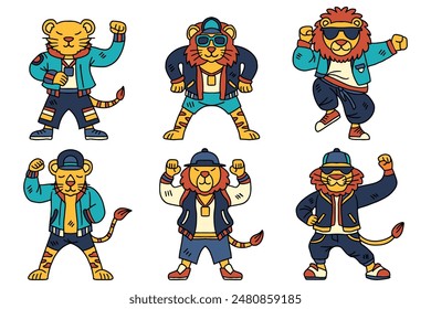 A group of cartoon lion are dressed in clothing and are posing for a picture. The animals are all different, with some wearing hats and others wearing jackets