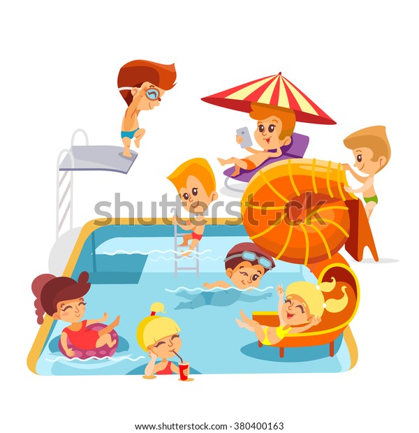Group Cartoon Little Kids Playing Swimming Stock Vector (Royalty Free ...