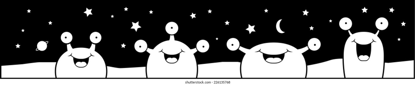 A group of cartoon Martian aliens standing and smiling.