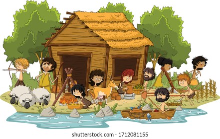 Group Of Cartoon Neolithic People Working. Prehistoric People.