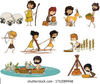 Group Of Cartoon Neolithic People Working. Prehistoric People.