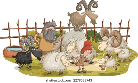 Group of cartoon neolithic shepard working with sheep and goat. Prehistoric people on farm.