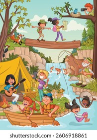 Group of cartoon people camping.Camping with kids, tent, river and animals. 