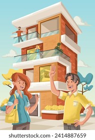 Group of cartoon people in a city. Couple in front of buildings.