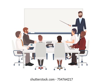 Group of cartoon people dressed in smart clothing sit around table and listen to man with pointer making presentation at board. Corporate business training, whiteboard meeting. Vector illustration.